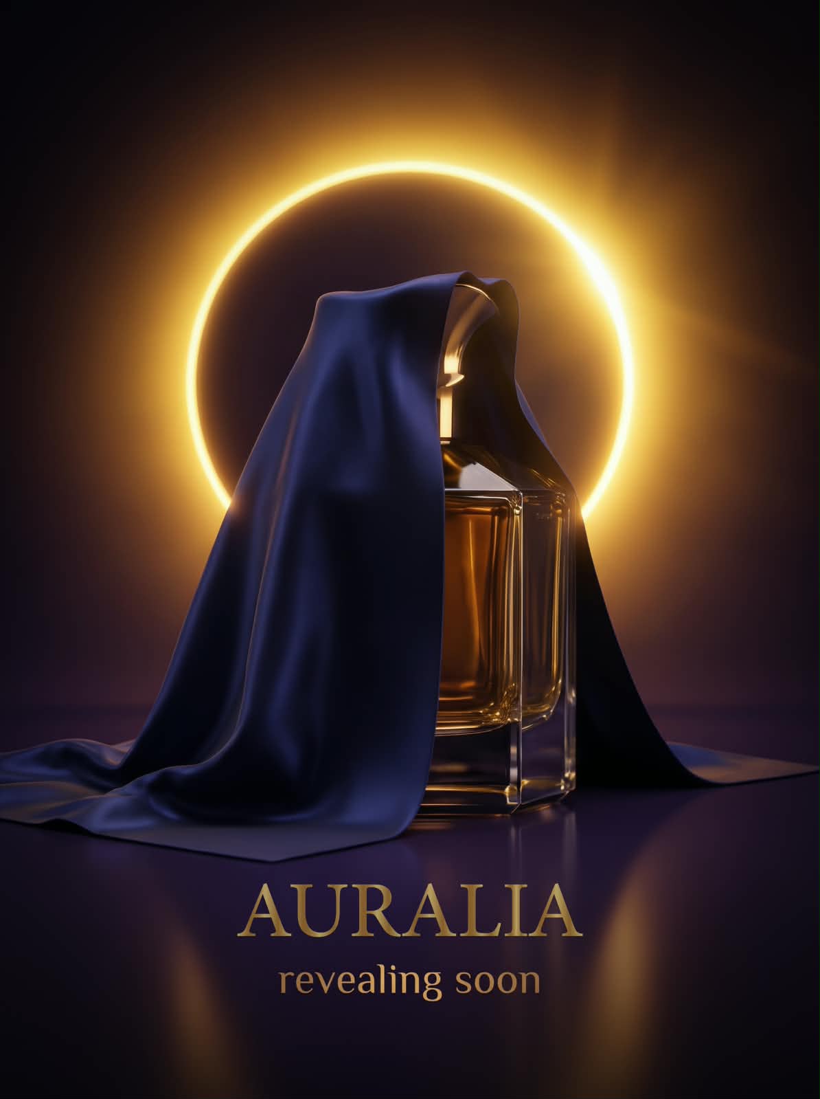 Dark marble studio with draped silk, stone, and a golden light ray
